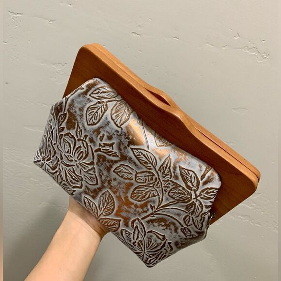 Handmade Genuine Cowhide Floral Embossed, Wooden Frame Bag & 2 Strap Styles - Picture 13 of 16